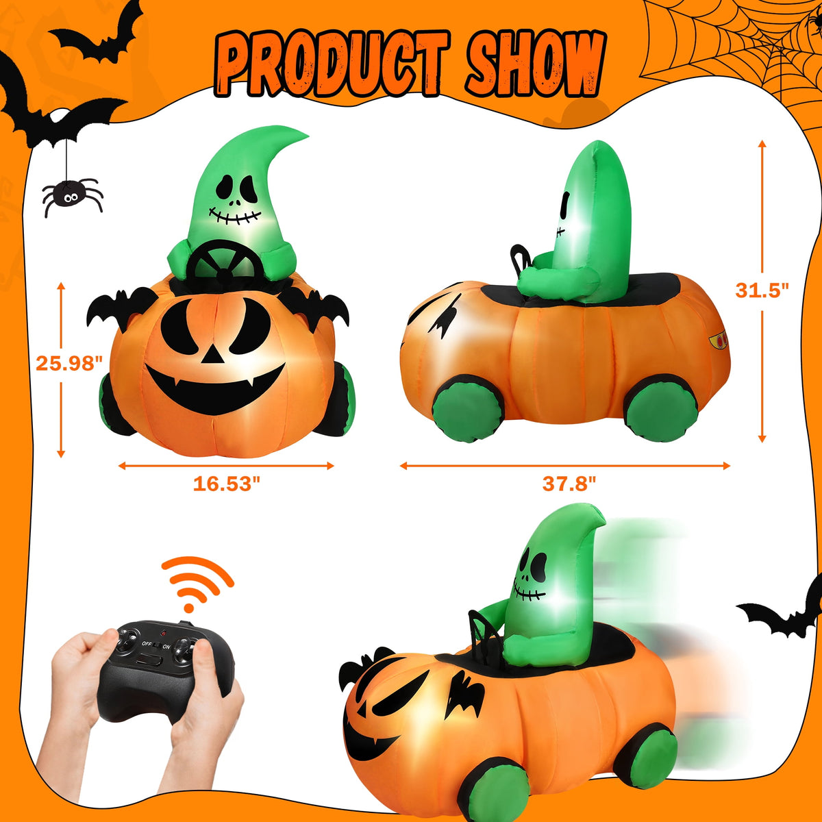 Haunt & Co (2 pack) 2.6ft Halloween Inflatable with Music and Lights,Remote Control Pumpkin Ghost Car,Blow ups Rc Car,Indoor Outdoor,Orange Green