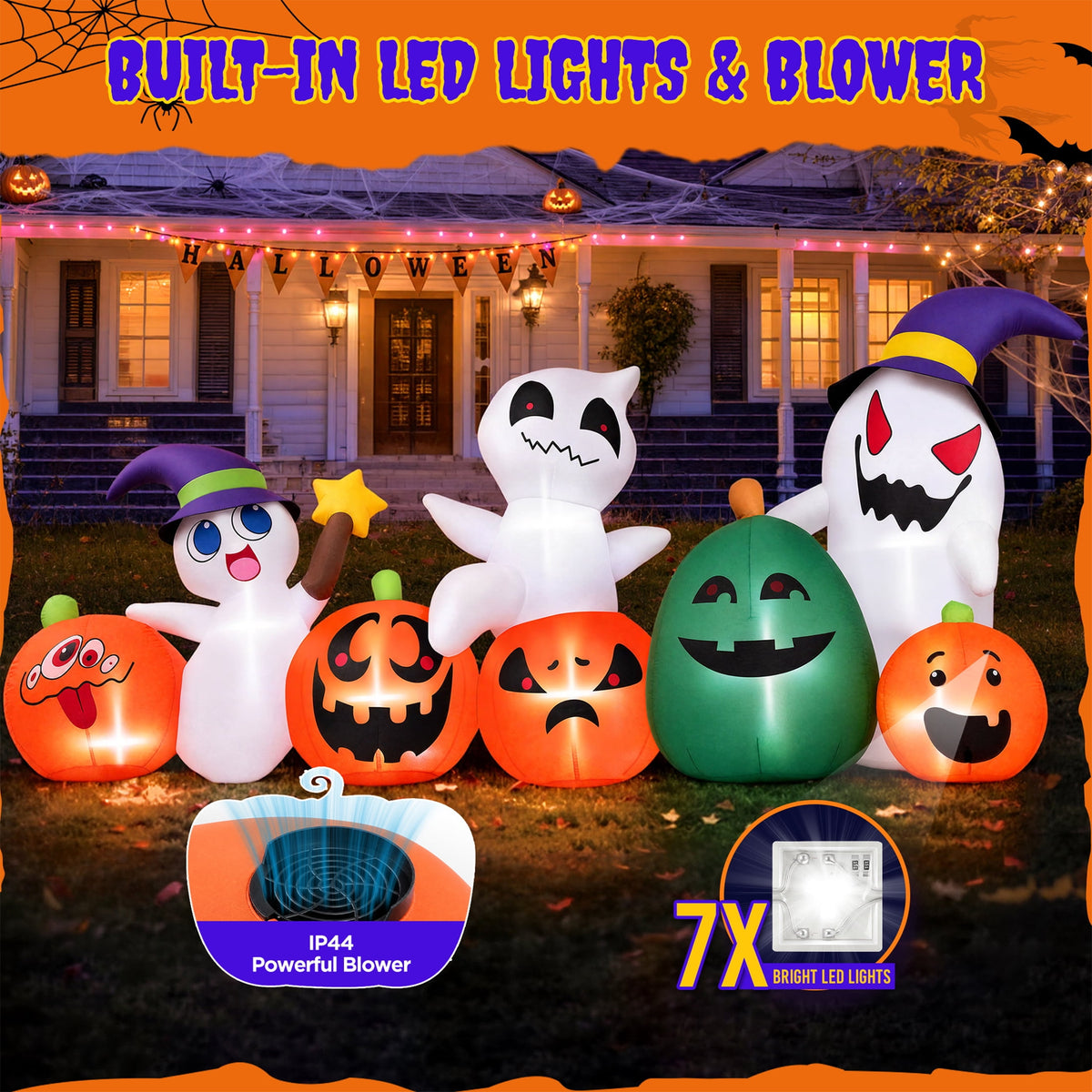 Haunt & Co (2 pack) 7ft Long Halloween Inflatable with Lights,Pumpkin Ghost