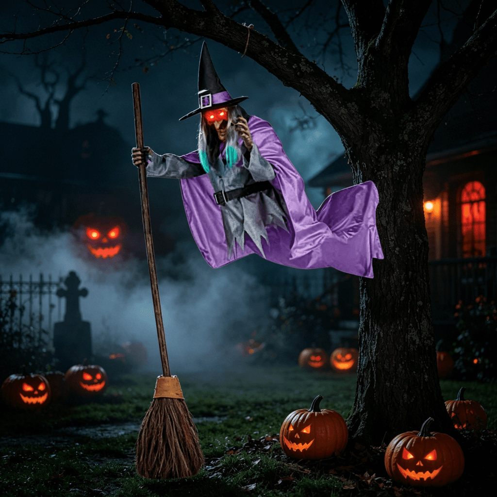 Haunt & Co Witch Decorations Halloween 6 FT Scary Flying Witch Decorations Animatronics Halloween Props with Scary Sounds and Lights Decorations for Outside Indoor Garden Yard