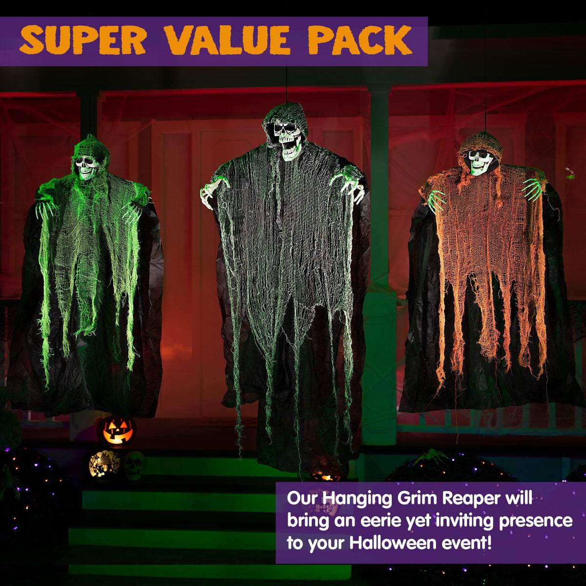 Haunt & Co 3 Pack Halloween Hanging Ghosts,Scary Skeleton Ghosts Grim Reapers Decorations for Halloween Indoor Outdoor Yard Home Decorations
