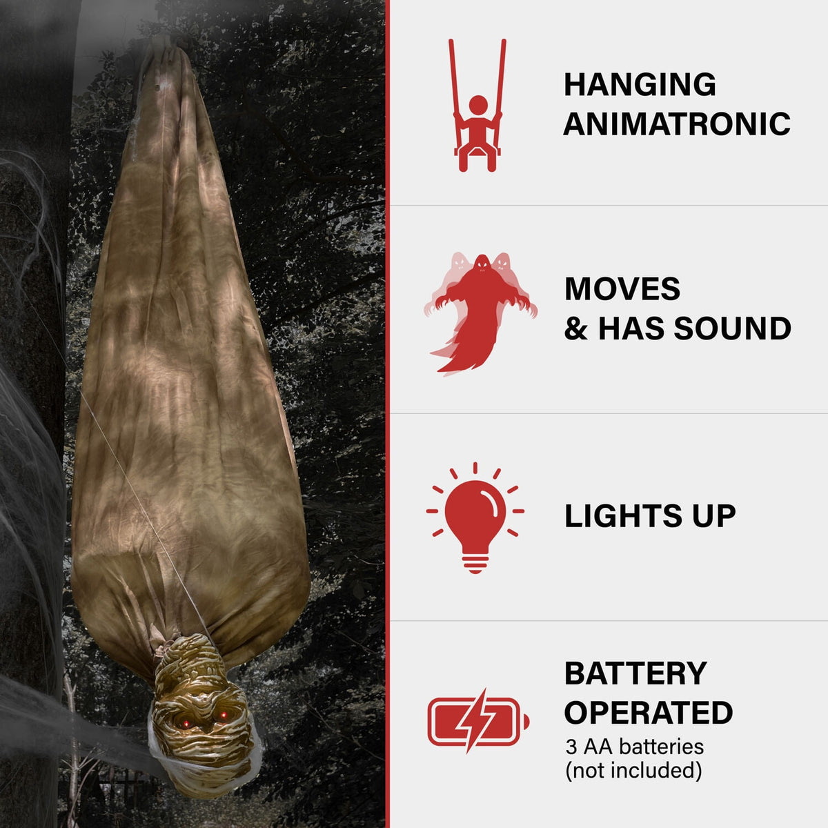 Haunt & Co 5 ft Animatronic Upside-Down Shaking Mummy with Sounds and Light-Up Eyes for Scary