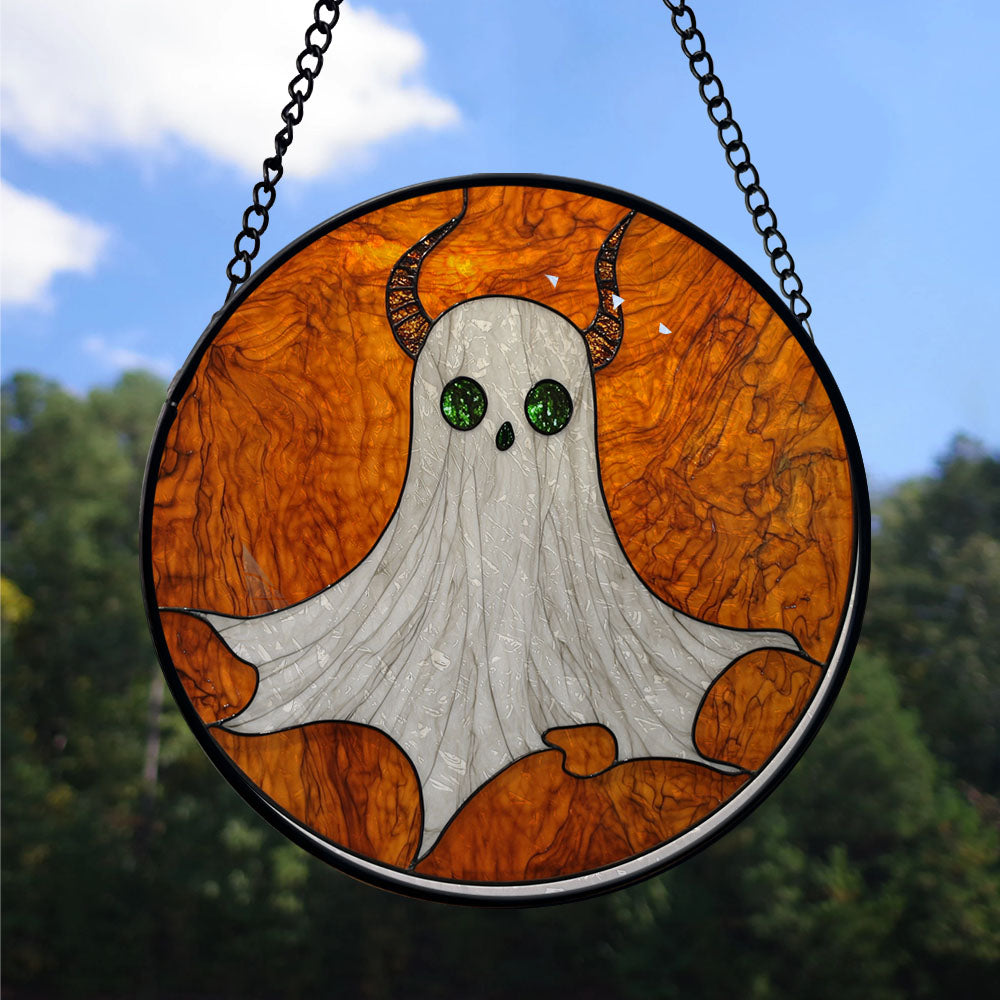 Haunt & Co Modern Christmas Gift - Halloween White Ghost Blue Tearss Spookys Stained Glass Hanging Ornament - Classic Christmas Tree Decoration, Holiday Gift for Dad, Mom, Friends, Family