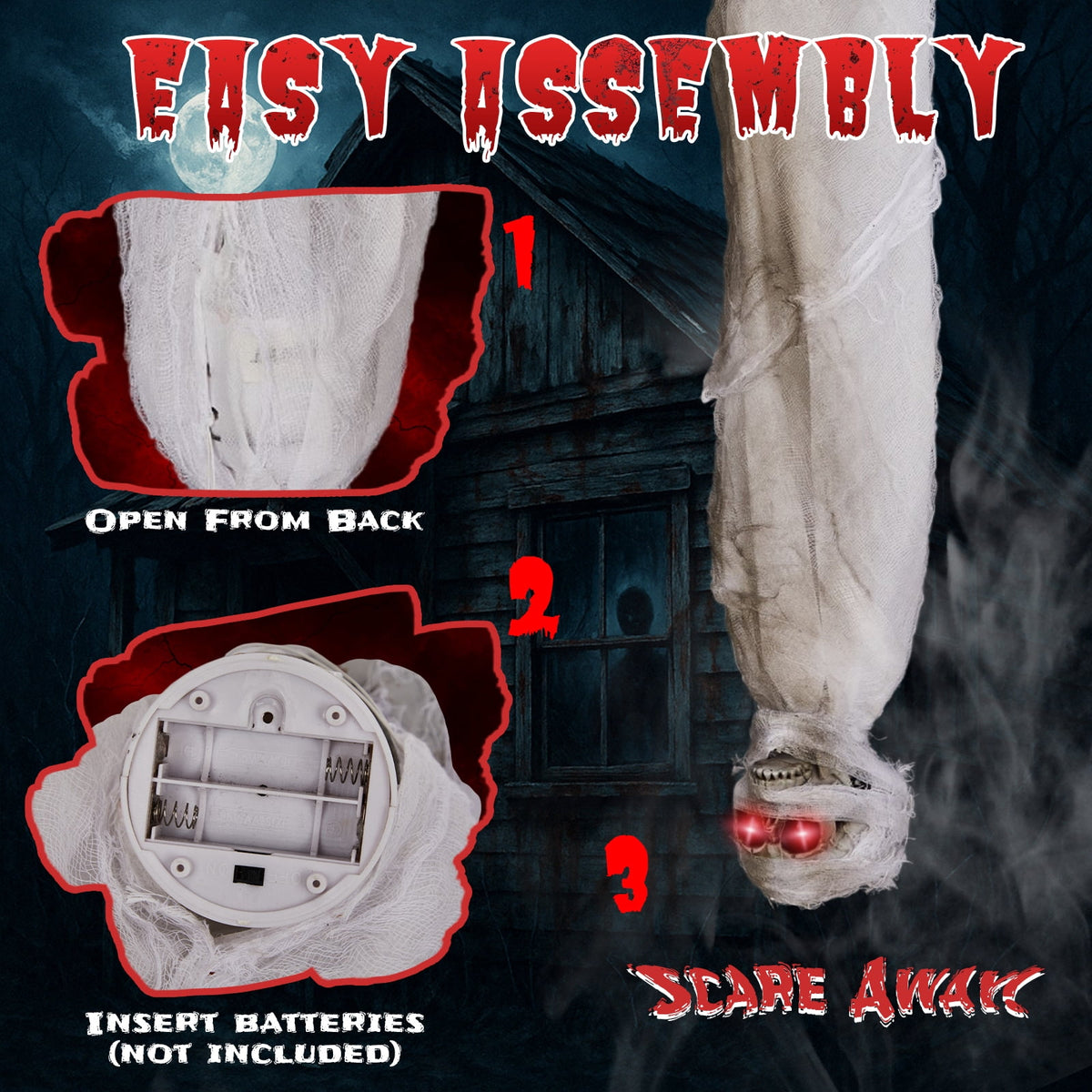 Haunt & Co 3ft Hanging Zombie Animated Creepy Mummy Halloween w/ Pre-Recorded Screaming, LED Eyes