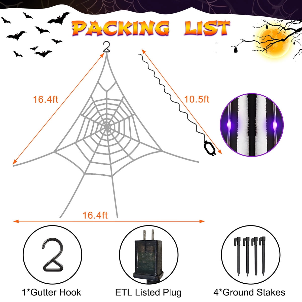Haunt & Co HKKDKTA Halloween Spider Web Lights Decoration, 250 LED Giant Spider Web 16.4ft Light Up Halloween Web Lights