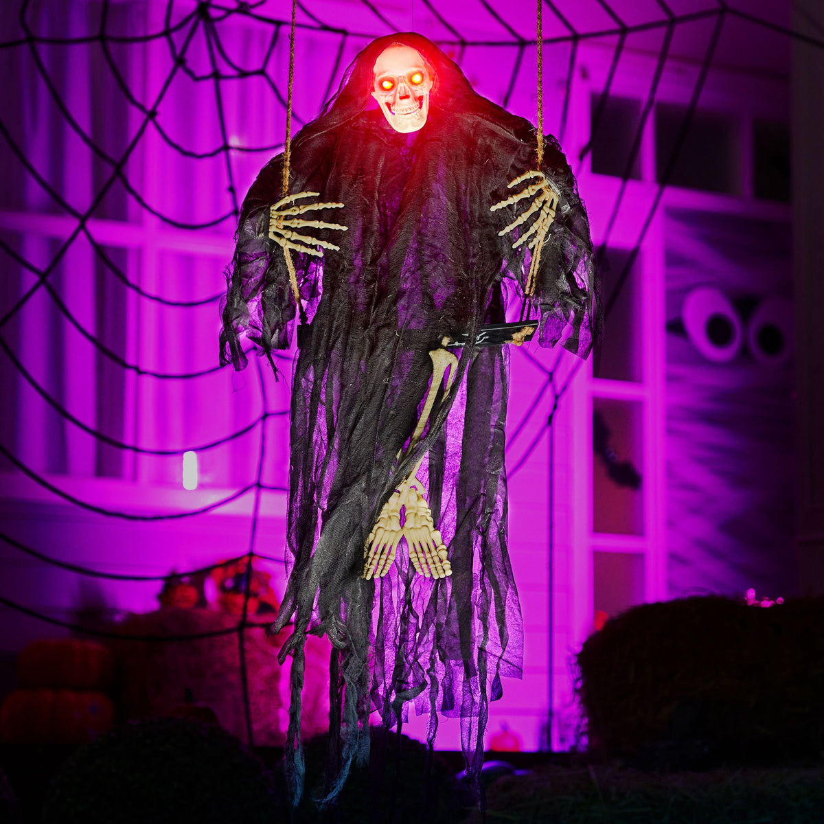 Haunt & Co 3 FT Halloween Hanging Swinging Skeleton,Light Up Creepy Grim Reaper with Black Hood Decorations for Halloween Hanging Decorations Indoor Outdoor Yard Home Decorations