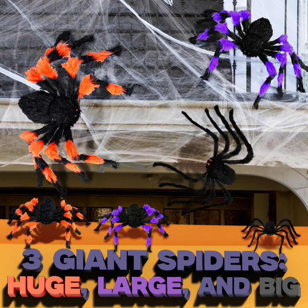 Haunt & Co JoyX Giant Halloween Spider Web Decoration Set, 23 ft Huge Web with 50" Large Spider, LED Light, and Glow in The Dark Spiders