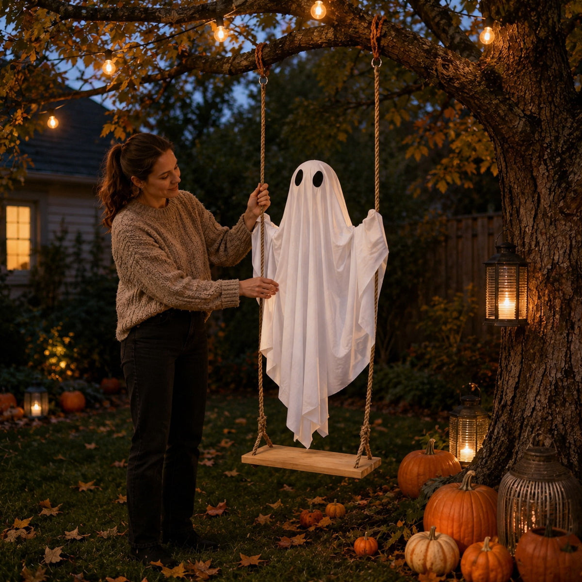 Haunt & Co Hanging Swing Ghost Halloween Ornament, 5FT Cute Spooky Ghost Decor, Outdoor Holiday Decoration for Yard Porch Tree, Ideal Halloween Gift for Family (lamp*1 remote control*1)