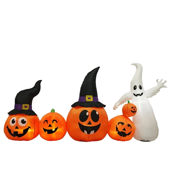 Haunt & Co 8FT Halloween Inflatable Pumpkin Ghost Scene, 5 Total LEDs, Waterproof Polyester, Quick Inflation with Stakes/Ropes