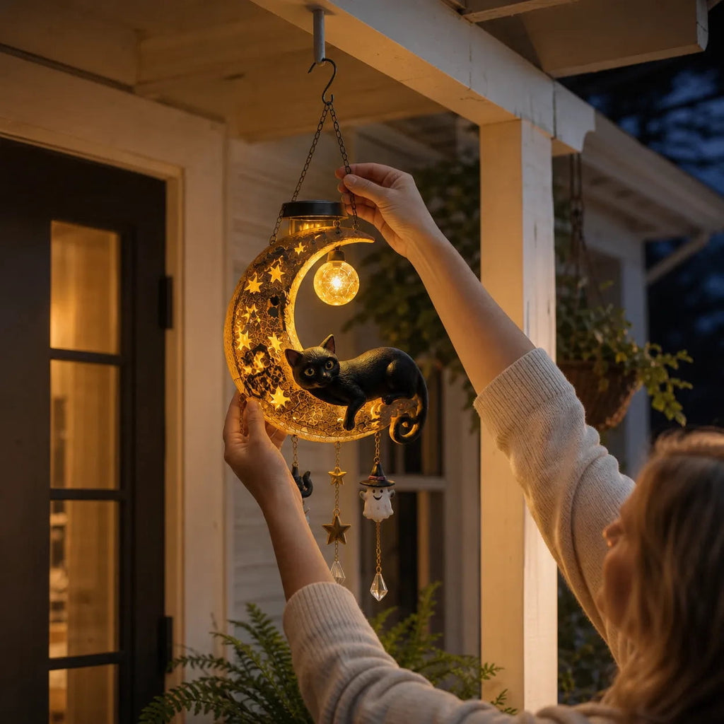 Haunt & Co Homellea Crescent Moon Black Cat Solar Hanging Light, Halloween Resin Ornament with Ghost, Star and Crystal Look Drops for Tree, Porch, Patio, Garden, Balcony and Seasonal Outdoor Display