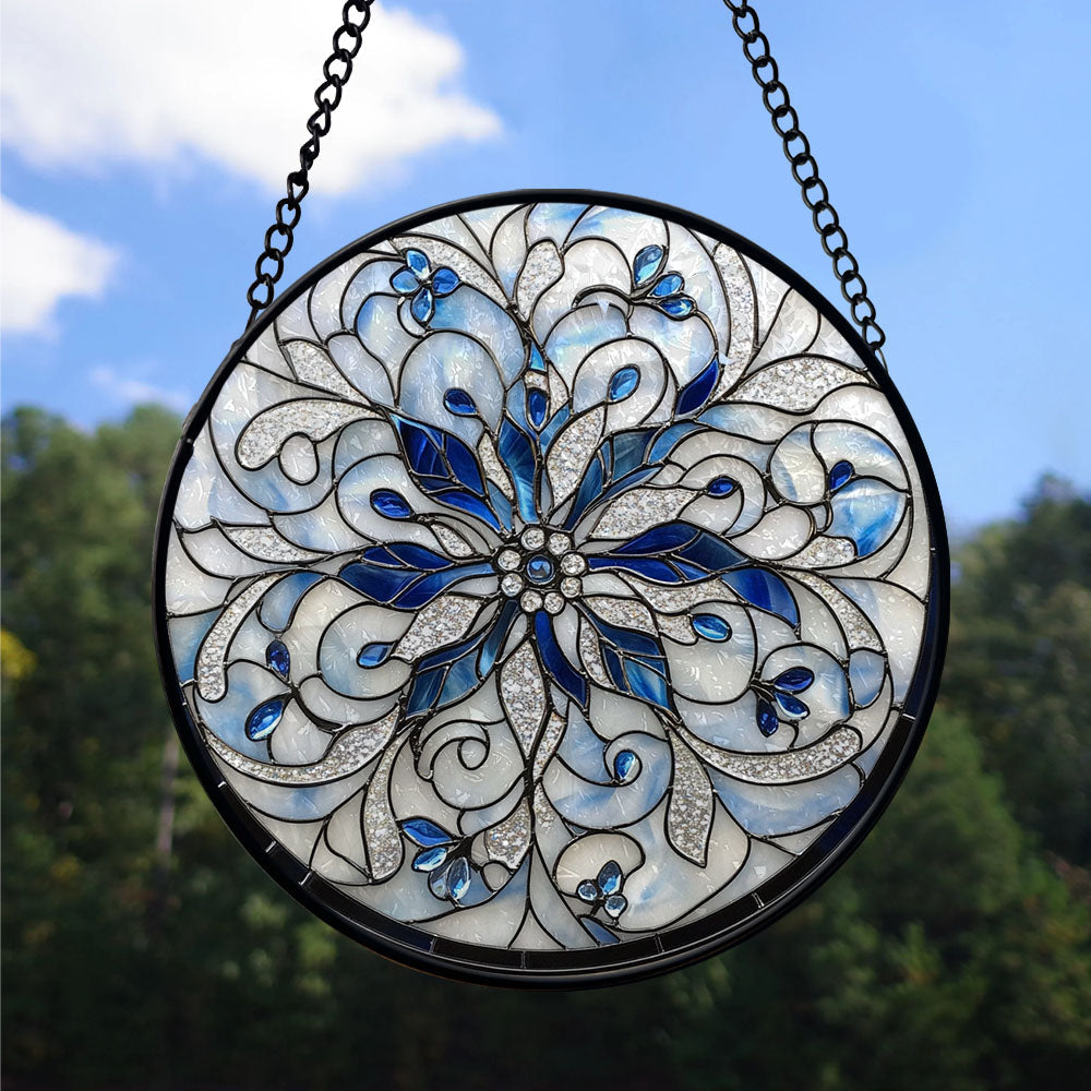Haunt & Co Holiday Gift - Christmas Snowflake Halloween Round Xmas Stained Glass Hanging Ornament - Classic Christmas Tree Decoration, Great Holiday Gift for Dad, Mom, Family & Friends