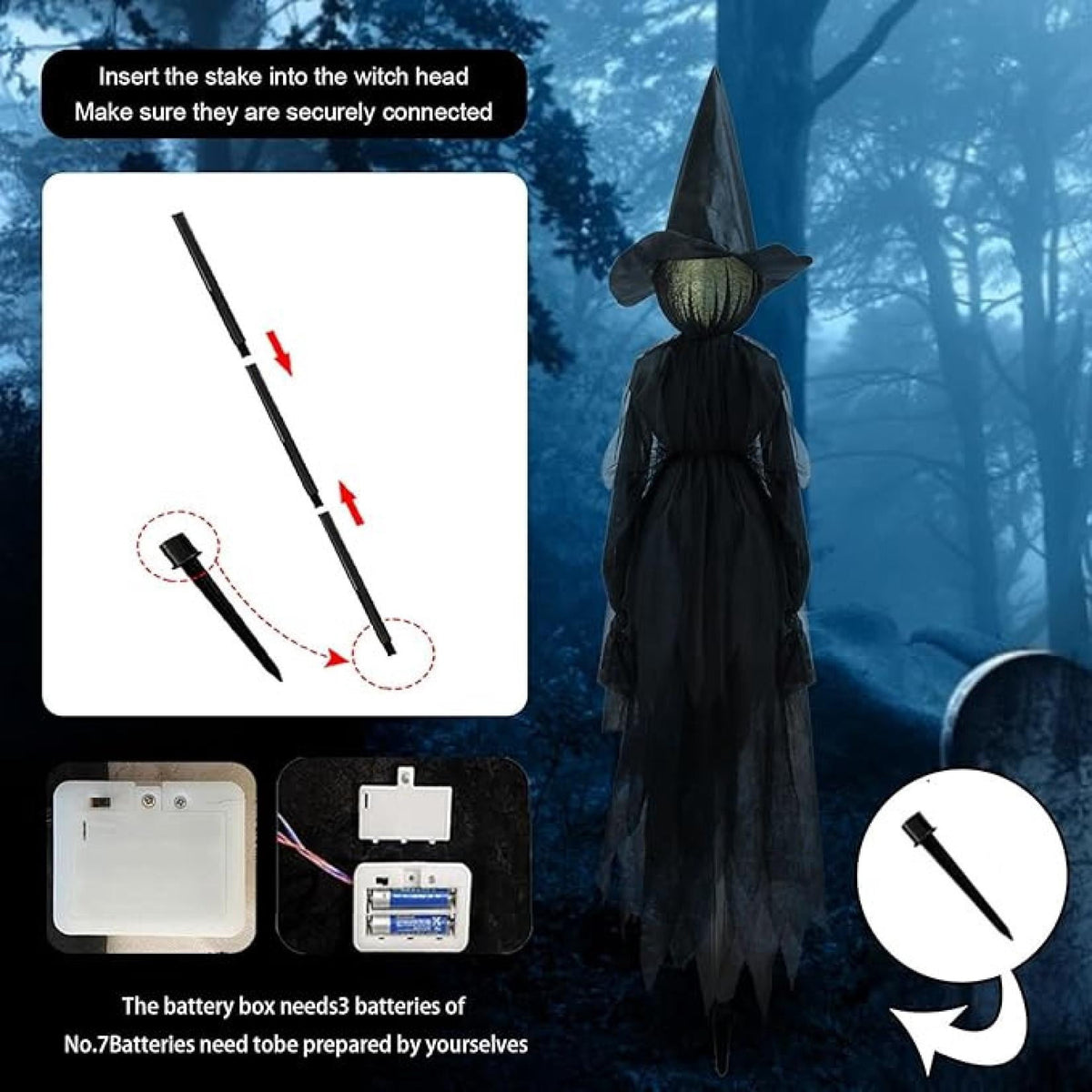 Haunt & Co Life-Size Light-Up Screaming Witches - Outdoor LED Animated Witch with 7 Color Changing Lights & Sound Activation, Scary Yard Decoration
