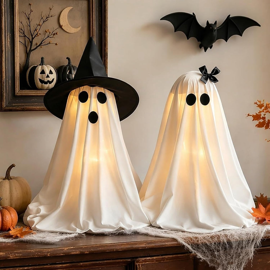 Haunt & Co 2PCS Halloween Ghost Light Set Decoration, Cute Ghost Light up for Home Halloween Party Tabletop Kitchen Counter Fireplace Mantle Decoration