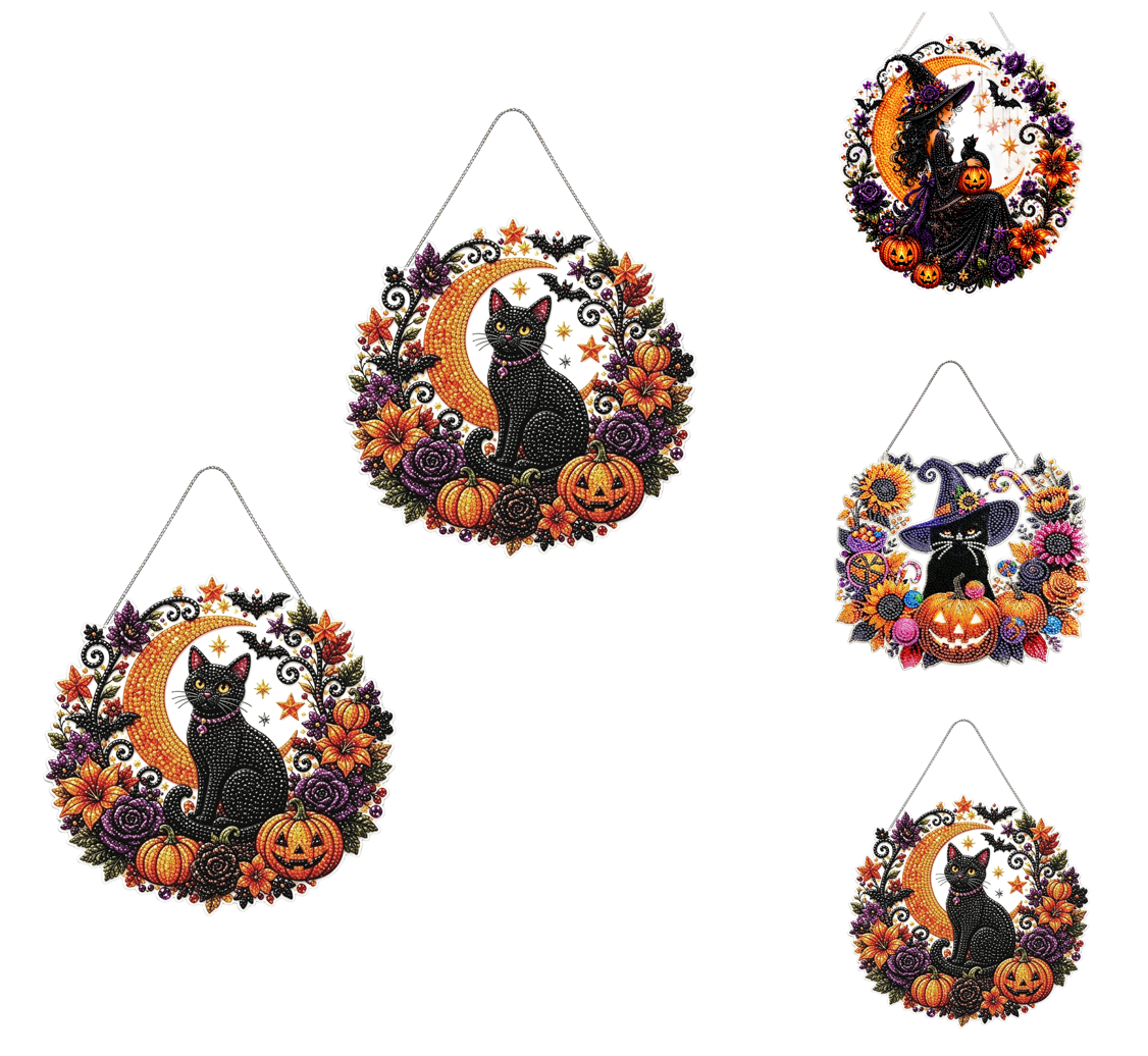 Haunt & Co 3Pcs Halloween Black Cat Moon Diamond Art Hanging Ornament Kitï¼?9.84 inch Halloween Diamond Art, Suspended Ghost Feline, Pumpkin Autumn Crafts, Double Sided Prerendered Shading Pendant