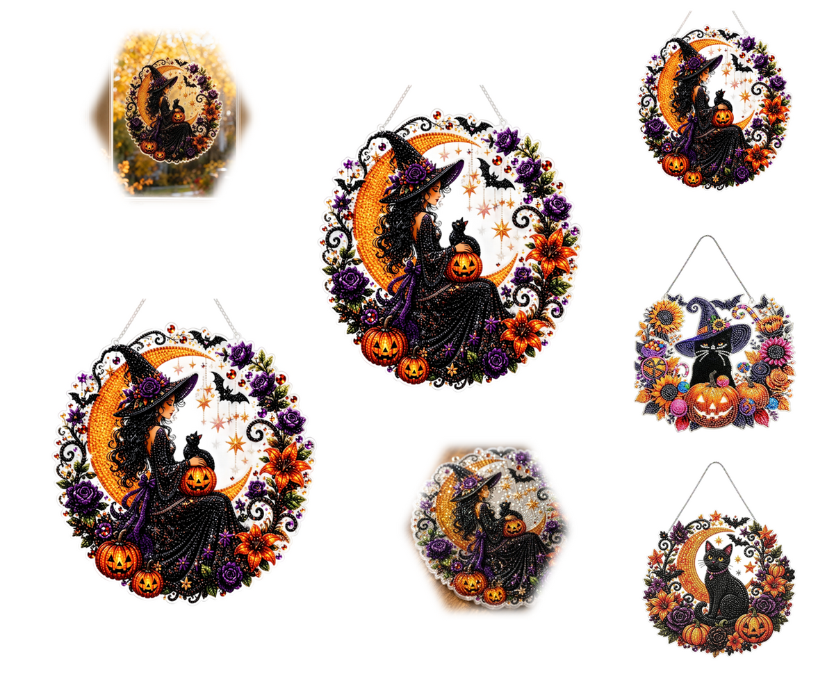 Haunt & Co 3Pcs Halloween Witch Diamond Art Hanging Ornament Kit, 8.26 Inch Halloween Black Cat Moon Diamond Art Hanging Ornament Kit, Hanging Halloween Decorations for Home, Black Cat Halloween Decor