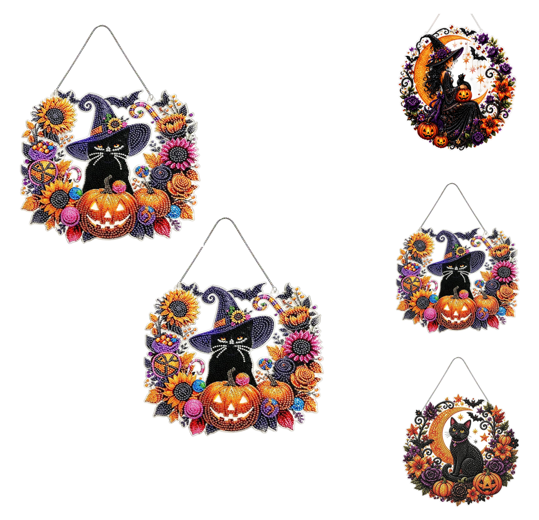 Haunt & Co 3Pcs Seasonal Fall & Halloween Diamond Art Kit,9.84 inch Halloween Cat Pumpkin Hanging Decor, Diamond Art Painting Hanging Ornament, Halloween Decorations for Home