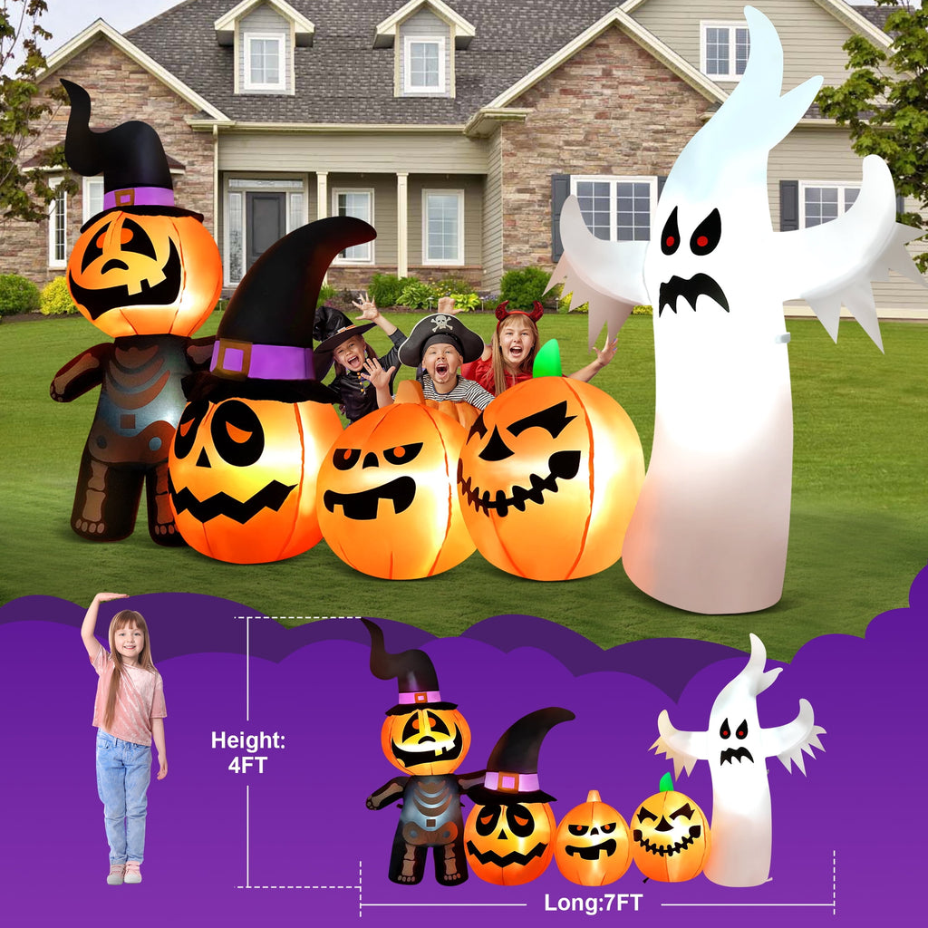Haunt & Co Vrilay Halloween Inflatables, 7 FT Long 4 Pumpkins with Cute White Ghost Outdoor Decorations, Built-in LEDs, Blow Up Party, Waterproof Yard, Garden, Lawn Decor