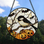 Haunt & Co Bedroom Christmas Gift - Halloween Chickadee Christmas Stained Glass Hanging Ornament - Nature-Inspired Holiday Tree Decoration, Xmas Gift for Mom, Dad, Family, Friends