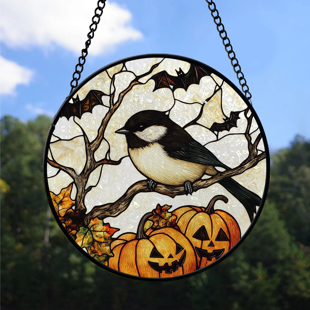 Haunt & Co Bedroom Christmas Gift - Halloween Chickadee Christmas Stained Glass Hanging Ornament - Nature-Inspired Holiday Tree Decoration, Xmas Gift for Mom, Dad, Family, Friends
