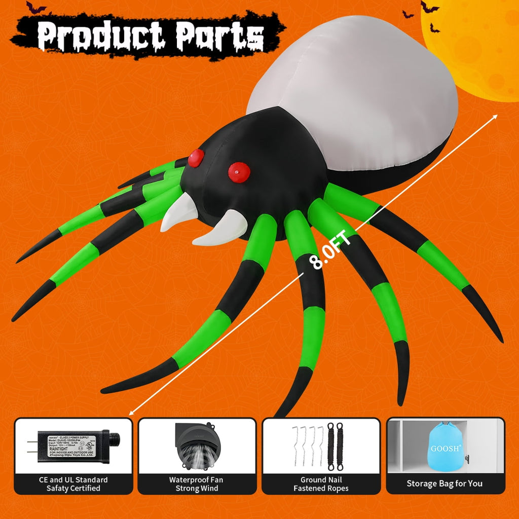 Haunt & Co Halloween Inflatable 8 FT Halloween Blow Up Spider, Halloween Inflatables Spider Giant Spider Inflatable with LED Lights Built-in, Outdoor Clearance for Halloween/Holiday