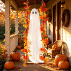 Haunt & Co Nnndbs Maple Leaf Mesh Ghost Hanging Ornament, Halloween Autumn Leaf Decor for Window Door Display, Spooky Fall Home Accent`