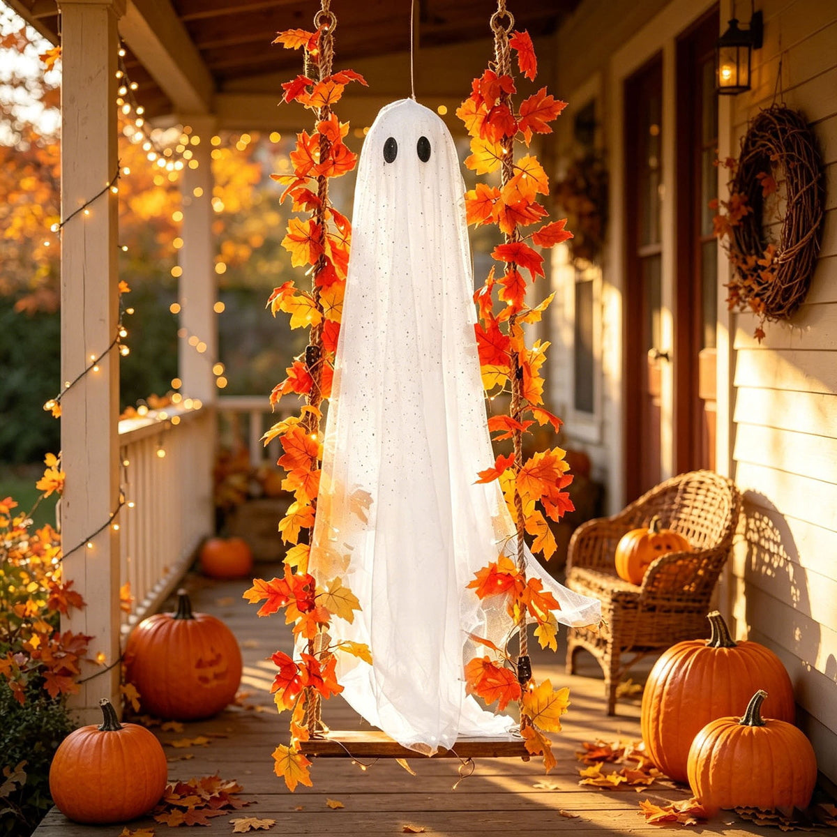 Haunt & Co Nnndbs Maple Leaf Mesh Ghost Hanging Ornament, Halloween Autumn Leaf Decor for Window Door Display, Spooky Fall Home Accent`