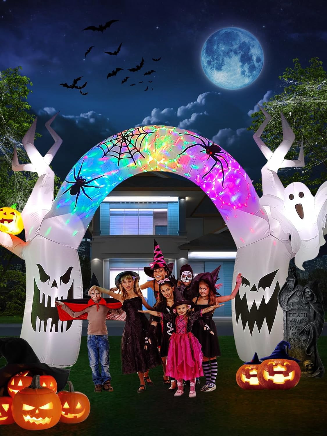 Haunt & Co 17FT Halloween Inflatable with Colorful Pumpkin & Ghost - Built-in LED Lights