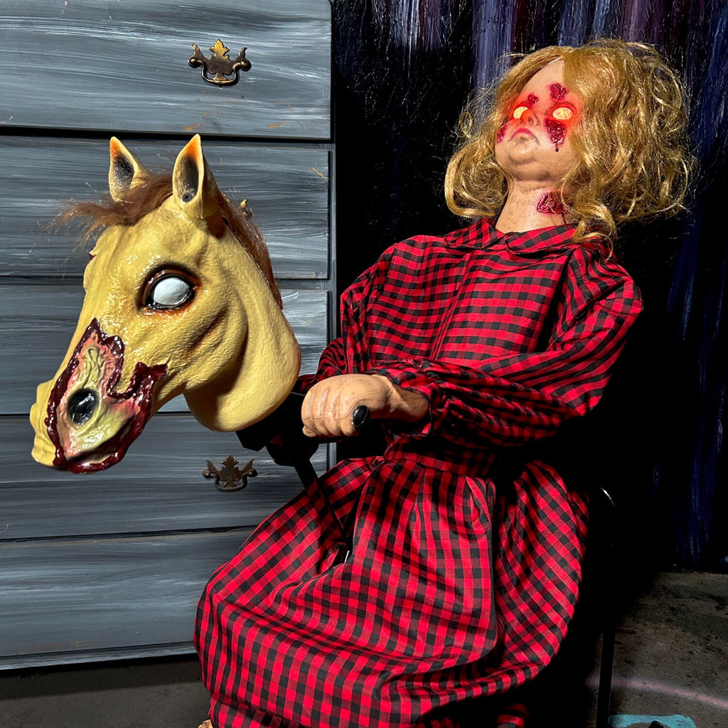 Haunt & Co 3.2 ft Voice & Sound-Sensor Rocking Horse Girl Halloween Animatronic