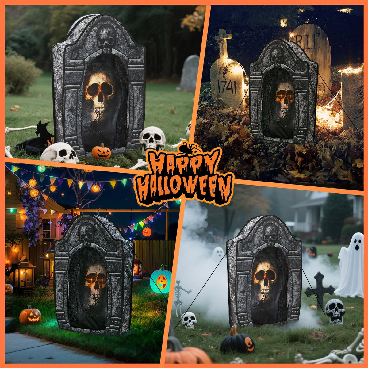 Haunt & Co Toiyjofe 3.5ft Large Halloween Tombstone with LED Skull Eyes, Foldable Battery Powered Graveyard Decor for Lawn, Garden & Haunted House