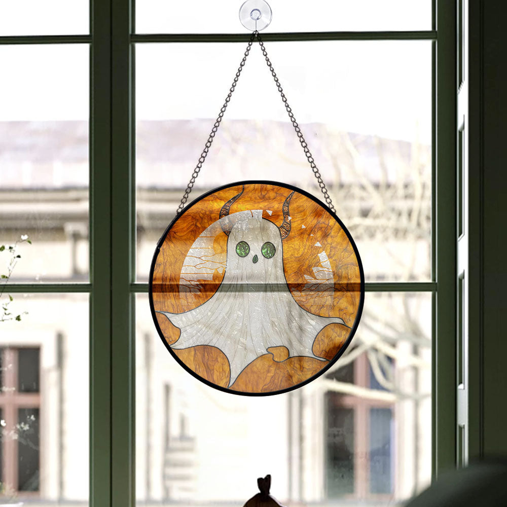 Haunt & Co Modern Christmas Gift - Halloween White Ghost Blue Tearss Spookys Stained Glass Hanging Ornament - Classic Christmas Tree Decoration, Holiday Gift for Dad, Mom, Friends, Family