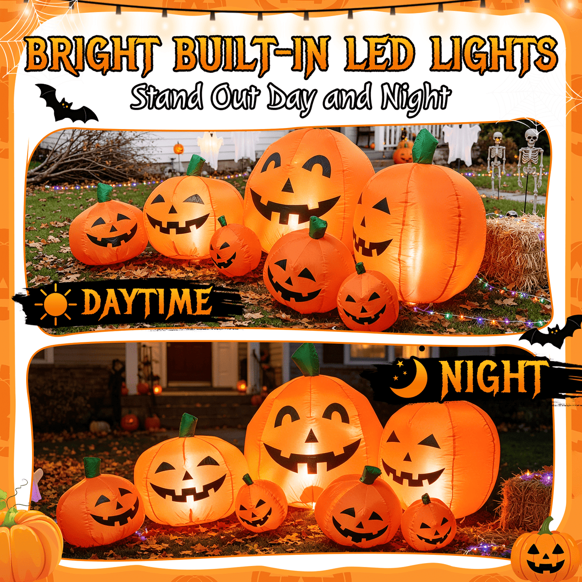 Haunt & Co 7.5 FT Long Halloween Inflatables Pumpkin Family Lighted,7 Pumpkins Blow Up Yard Decoration, Built-in LEDs, Stakes & Tethers Included