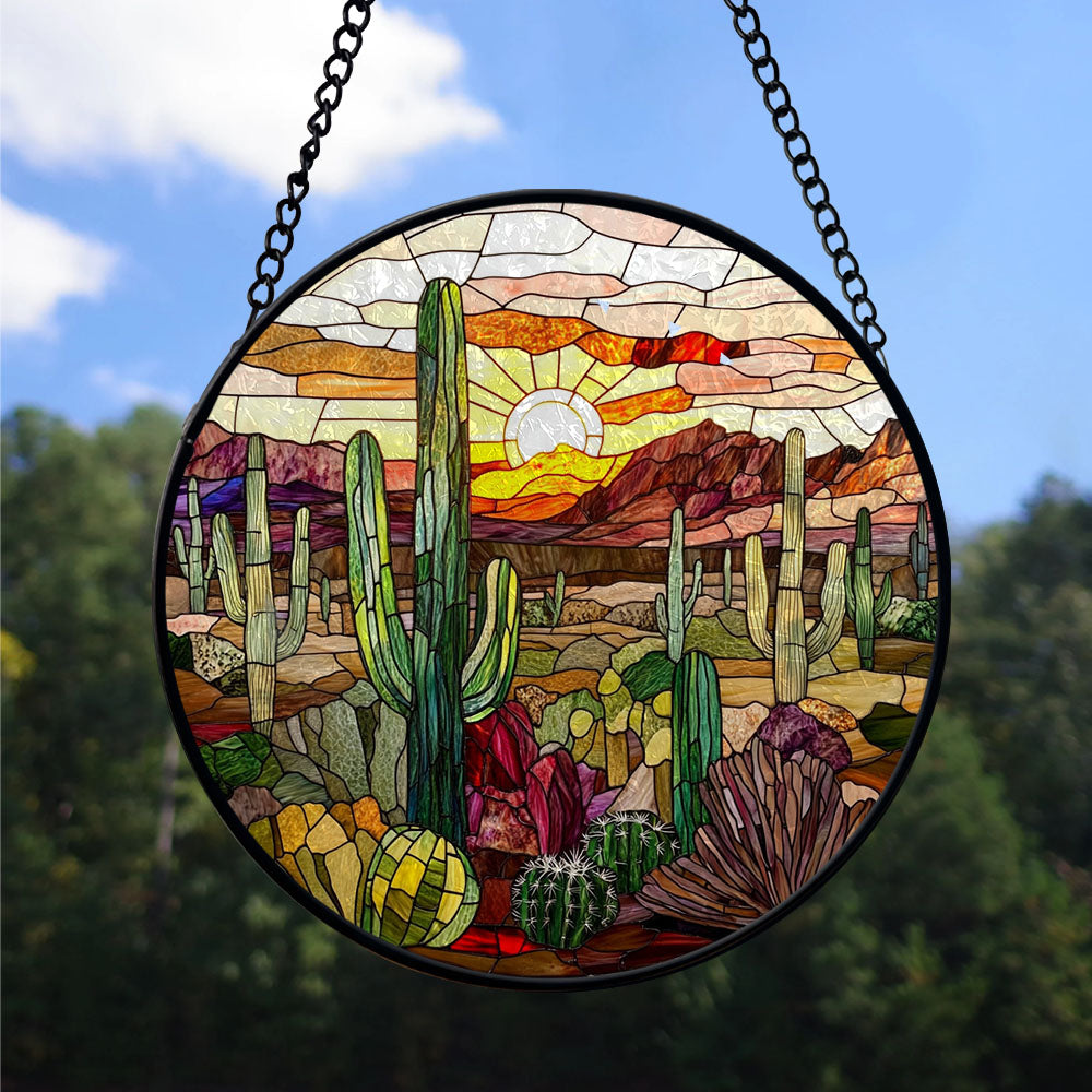 Haunt & Co Seasonal Christmas Gift - Cactus Halloween Christmas Stained Glass Hanging Ornament - Holly & Pine Holiday Tree Decoration, Gift for Friends, Family, Mom & Dad