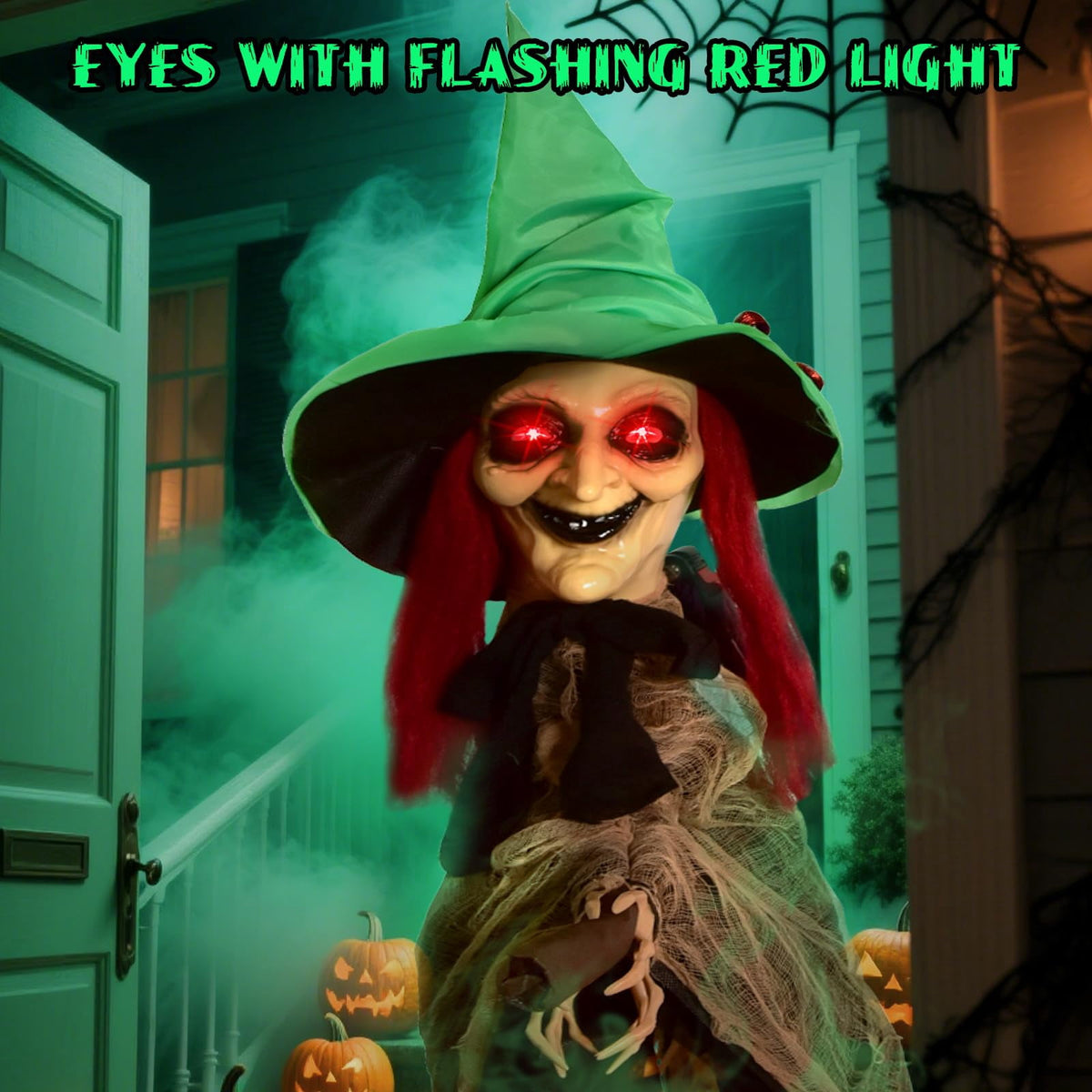 Haunt & Co Halloween LED Light-Up Flying Witch on Broomstick, Realistic Sound & Motion, Scary Animated Decoration with Kicking Legs