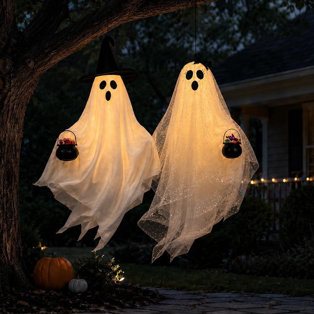 Haunt & Co Halloween Hanging Ghost Witch Hat Decorations 2 Pack Couple Ornaments, Outdoor Yard Garden Hanging Decor With Bow And Cauldron Accents, Front Porch Holiday Party Decoration