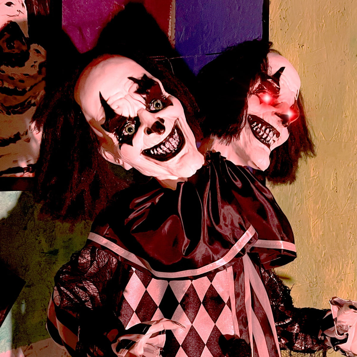 Haunt & Co Lifesize 5.5 ft Animatronic Two-Headed Clown with Lights and Sound, Indoor/Outdoor