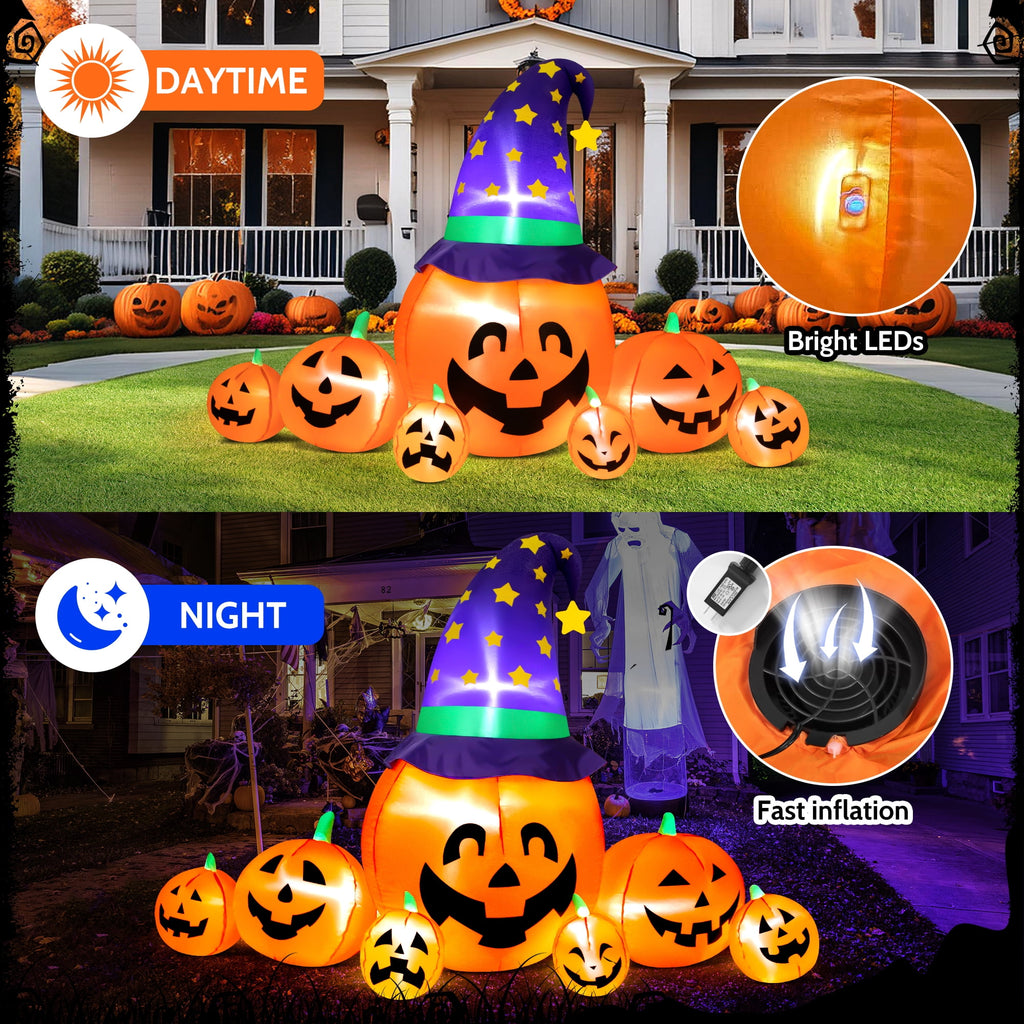 Haunt & Co 8.7ft Halloween Inflatables Pumpkins 7 Blow Up Decor with Witches Hat, Built-in LED Lights