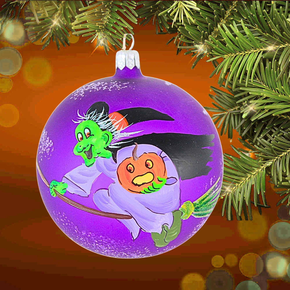 Haunt & Co Laved Italian Ornaments FLYING GREEN WITCH BALL Halloween Pumpkin Broom 936326