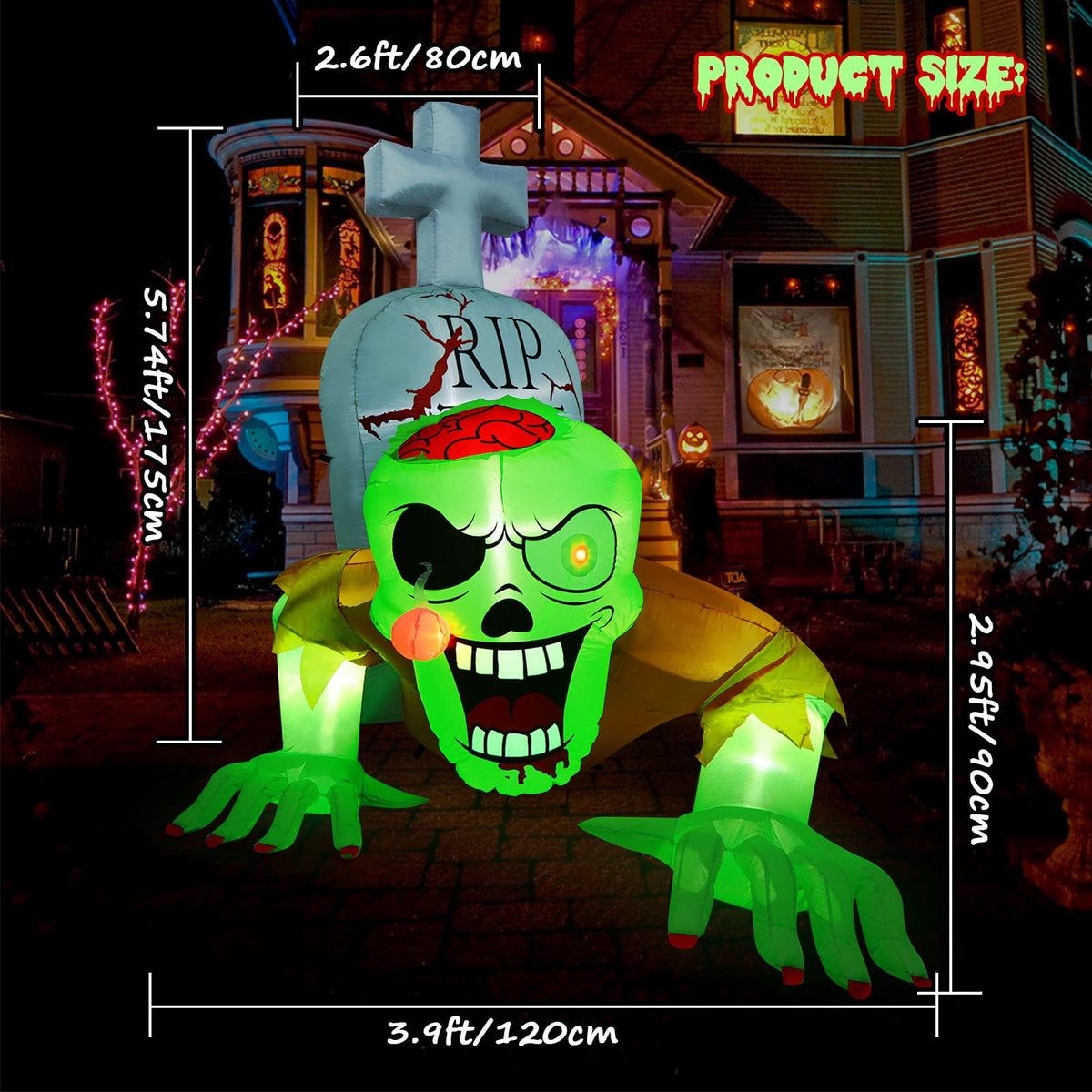 Haunt & Co 5.7FT Inflatable Halloween Inflatable Crawling Green Ghost with Tombstone Built-in LED Lights Inflatable LED Lights Blow Up Yard Decoration