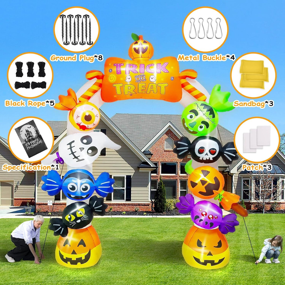 Haunt & Co 10FT Inflatable Candy Ghost Pumpkin Archway with Built-in Lights - Giant Outdoor Yard & Garden Decoration for Halloween, Indoor/Outdoor Use