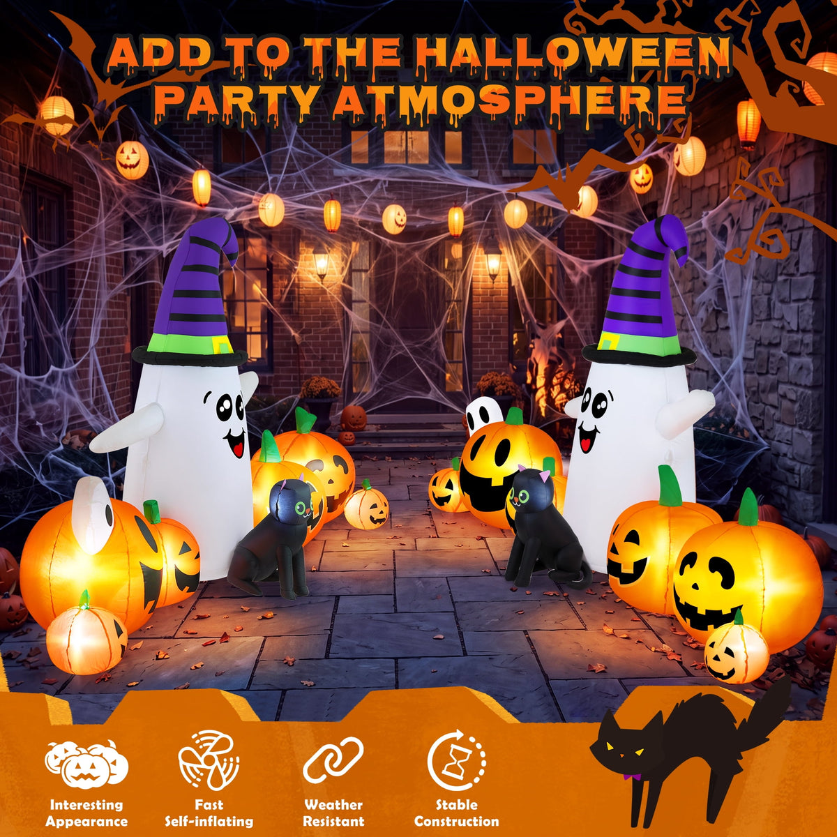 Haunt & Co 8 FT Long Halloween Inflatable Ghost with Witch Hat, 6 Pumpkins Halloween Blow Ups with Black Cat