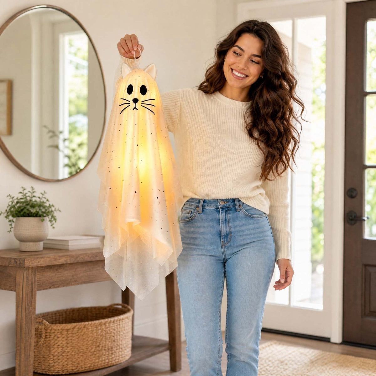 Haunt & Co Hanging Ghost Decorations, 3 Pack Light Up Cat Ghost Ornaments with Warm LED Lights Glitter Fabric Floating Design, Cute Spooky Halloween Decor for Porch Tree Yard Indoor Outdoor