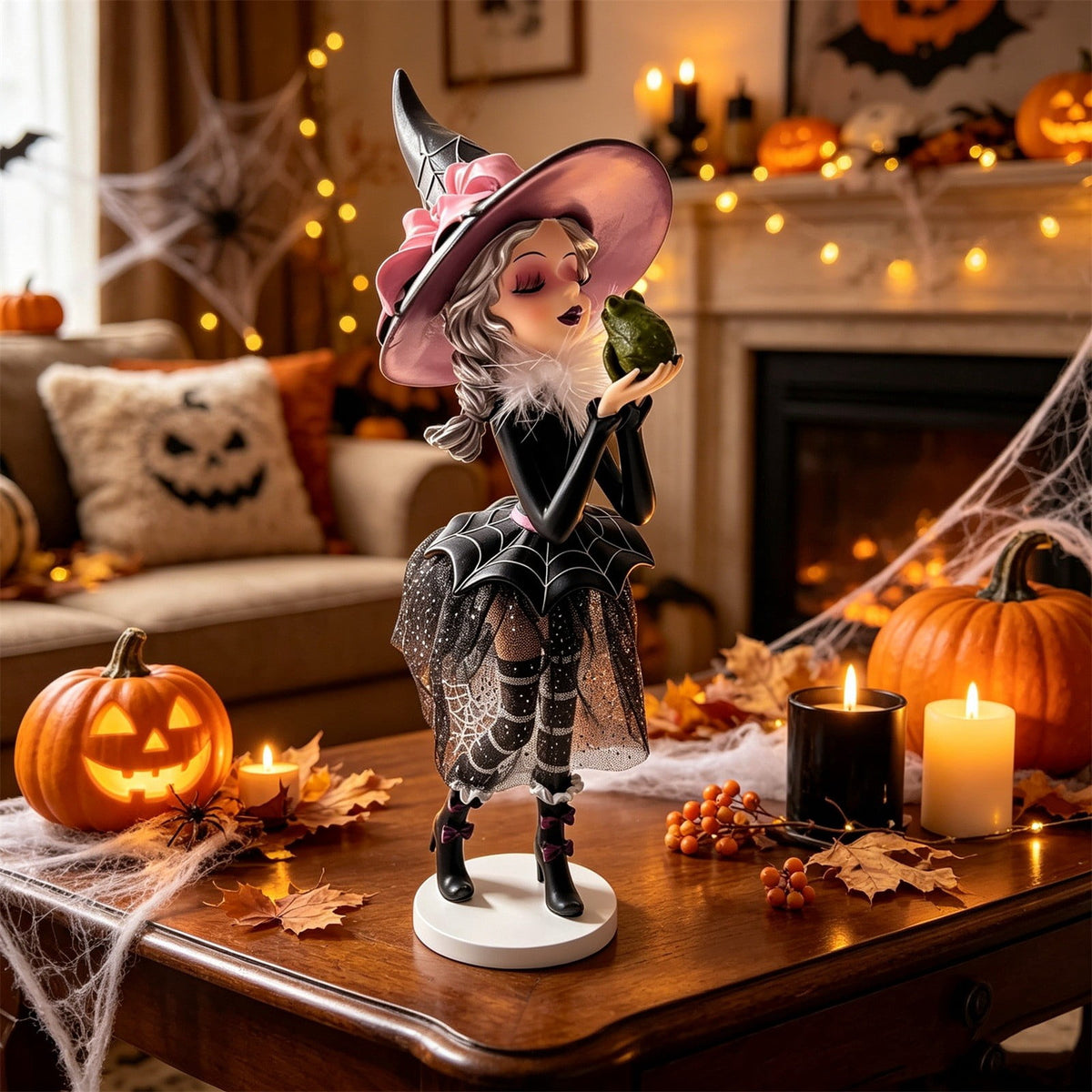 Haunt & Co Halloween Cute Witch Resin Figurine, Stable Base Vintage Mesh Skirt Tabletop Statue, Family Friendly Whimsical Holiday Ornament, Decor for Mantel Shelf Entryway Halloween Party Table