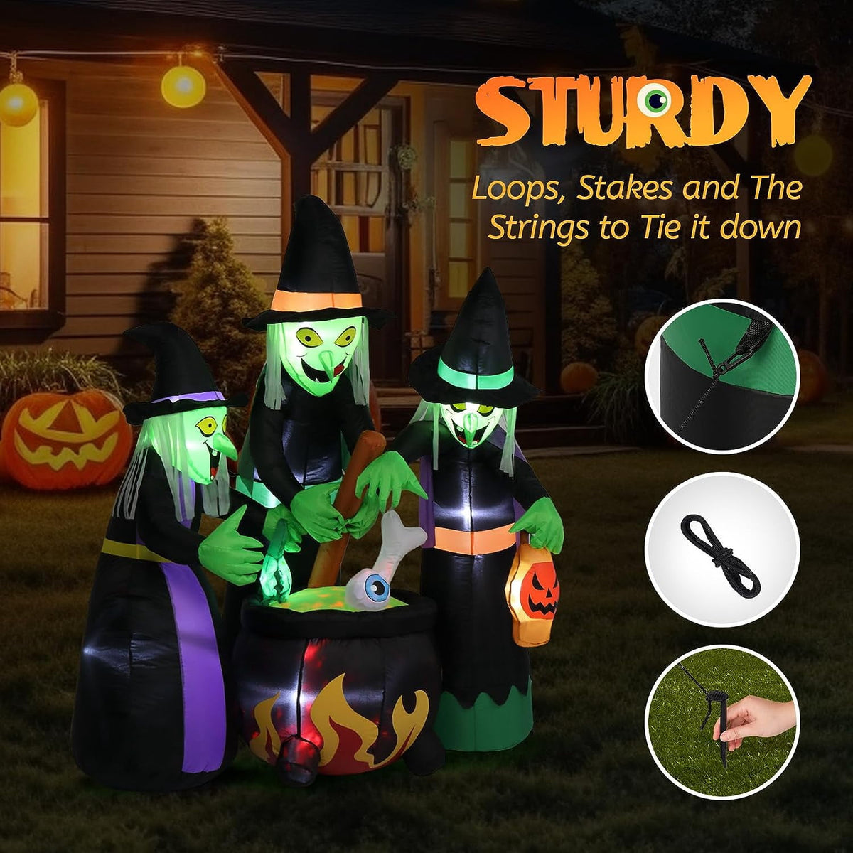 Haunt & Co VINGLI 6FT High Halloween Inflatables Outdoor Decorations, Blow Up Scary 3 Witches , Built-in LED Lights Décor