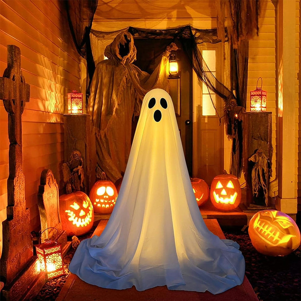 Haunt & Co Halloween Ghost Decorations 8ft Tall Glowing White Fabric Ghost with Light Stand