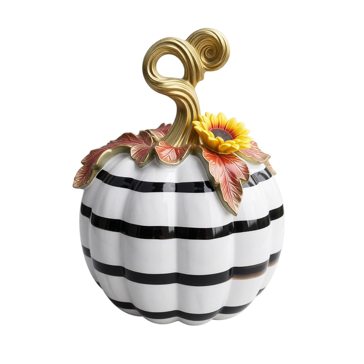 Haunt & Co GIPQJK Resin Pumpkin Decoration Sculpture, Black White Striped Halloween Ornament with Gold Bow, Retro Garden Pole Prop for Party Home Decor, 1 Piece A