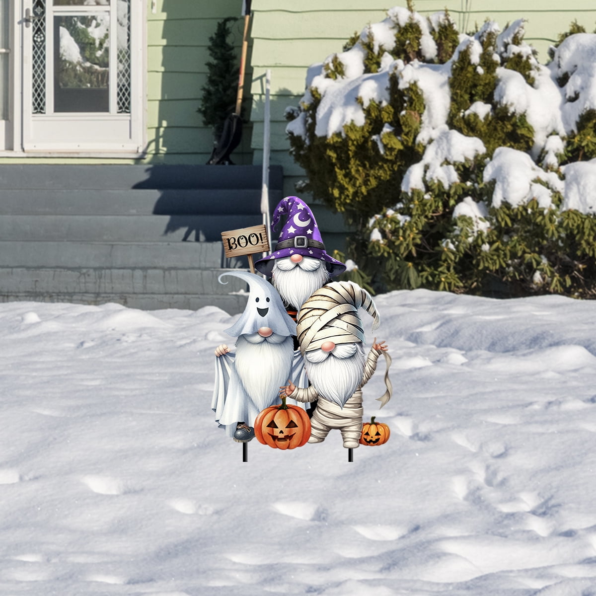 Haunt & Co Briarwood Lane Halloween Metal Art 26x13 Costumed Gnomes For Halloween Metal Art