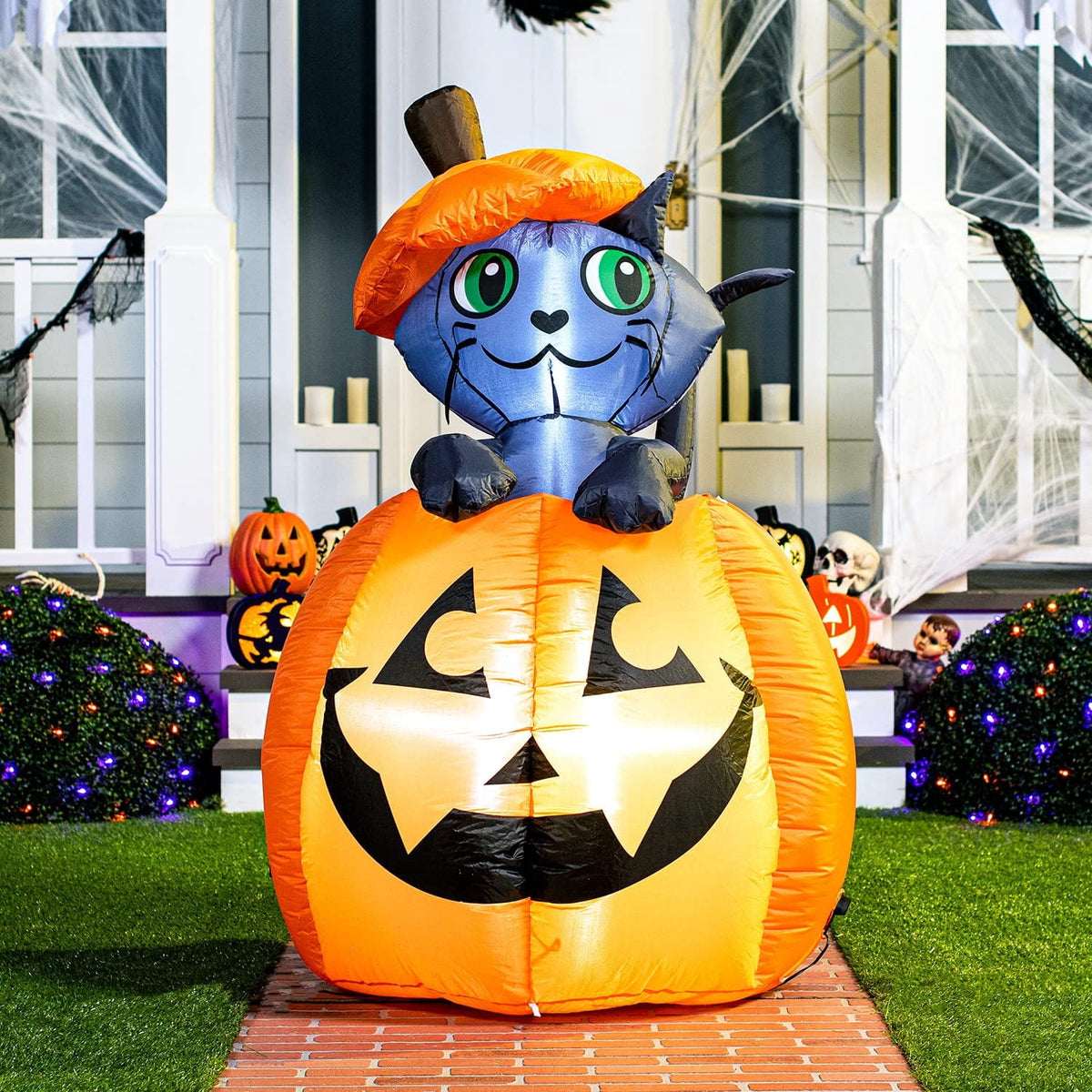 Haunt & Co 5 ft Halloween Inflatable Animated Cat on Pumpkin,Halloween Outdoor Decoration with LED Lights,Blow Up Decoration