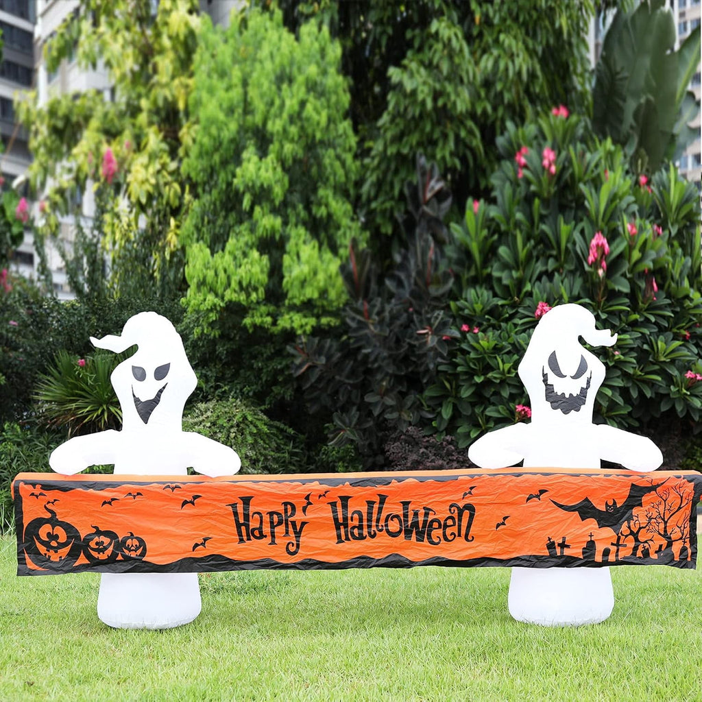 Haunt & Co Large Hallowee Inflatable-8FT White Ghosts with Orange Banner Print - Happy Halloween - LED Lights Outdoor Blow Up Decoration