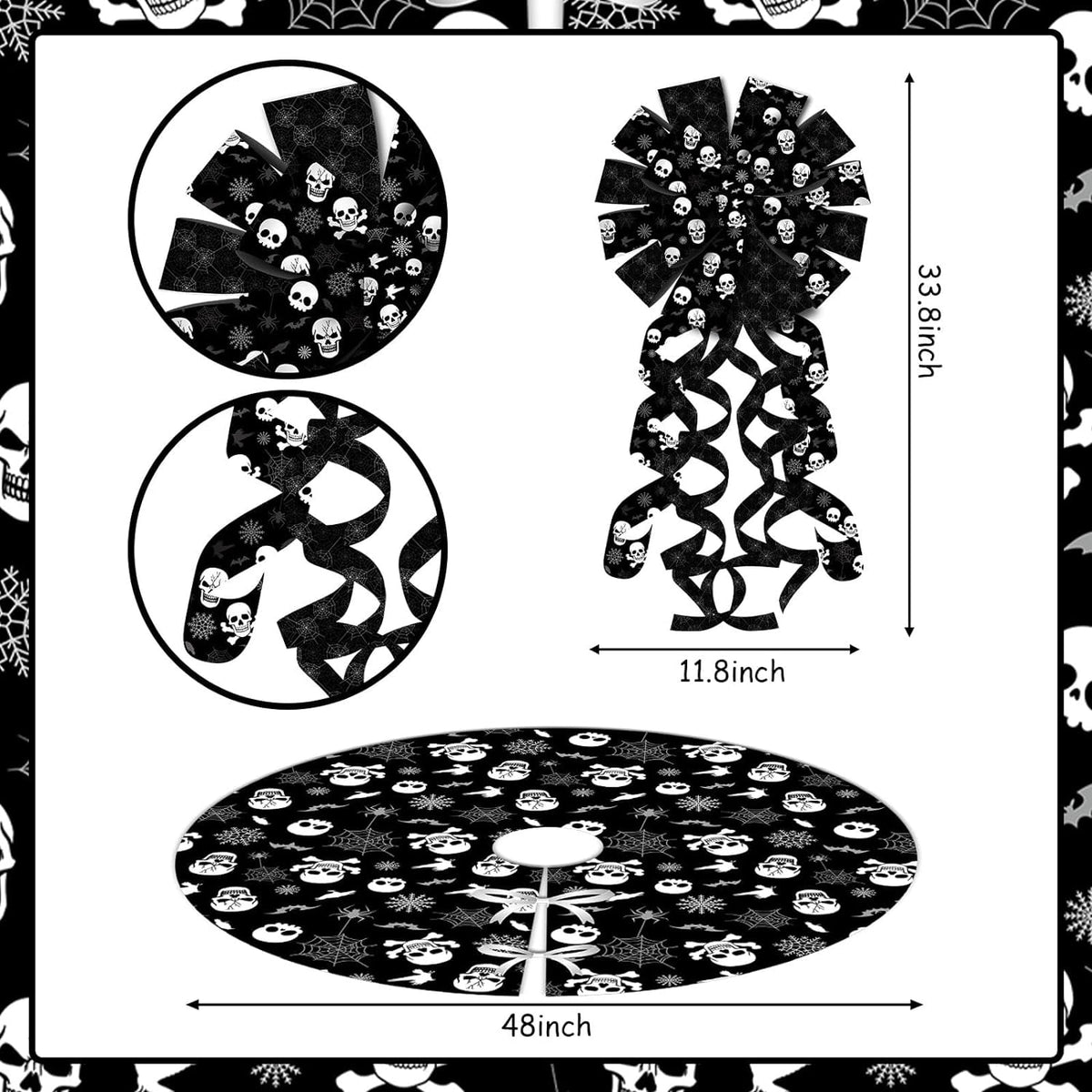 Haunt & Co Black Gothic Christmas Tree Decorations with Scary Skull Christmas Tree Skirt, Large Decorative Tree Topper Bow, 12Pcs Tree Hanging Ornaments for Winter Halloween Xmas Tree Decor