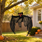 Haunt & Co Spooky Halloween Bat Hanging Prop, Large Scary Bat Decoration with LED Red Eyes, Creepy Black Bat Ornament for Halloween Haunted House, Door, Yard Decor
