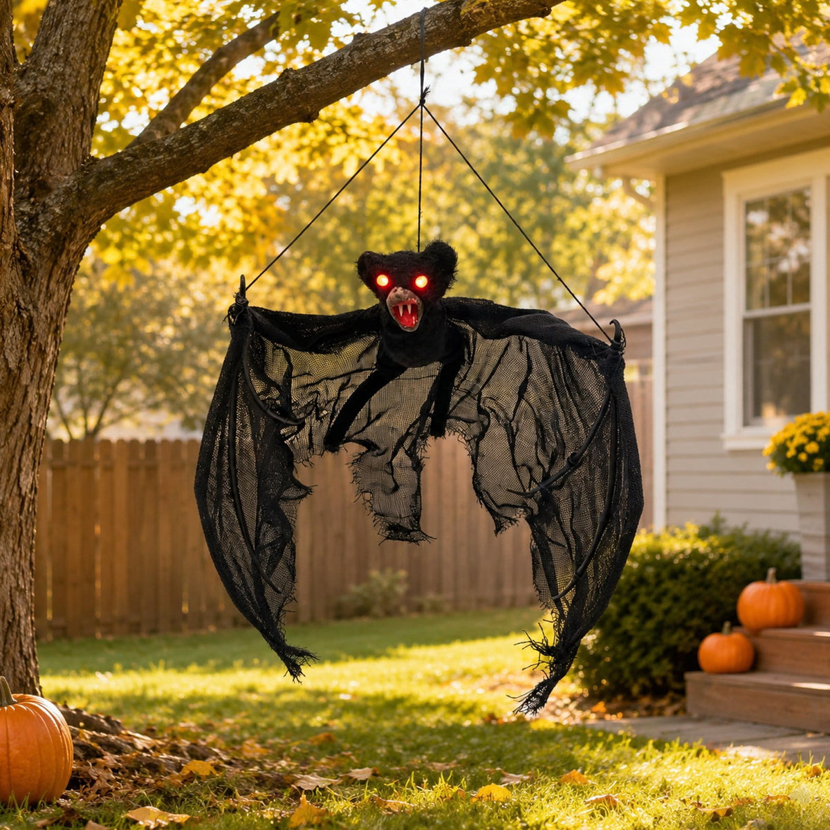 Haunt & Co Spooky Halloween Bat Hanging Prop, Large Scary Bat Decoration with LED Red Eyes, Creepy Black Bat Ornament for Halloween Haunted House, Door, Yard Decor